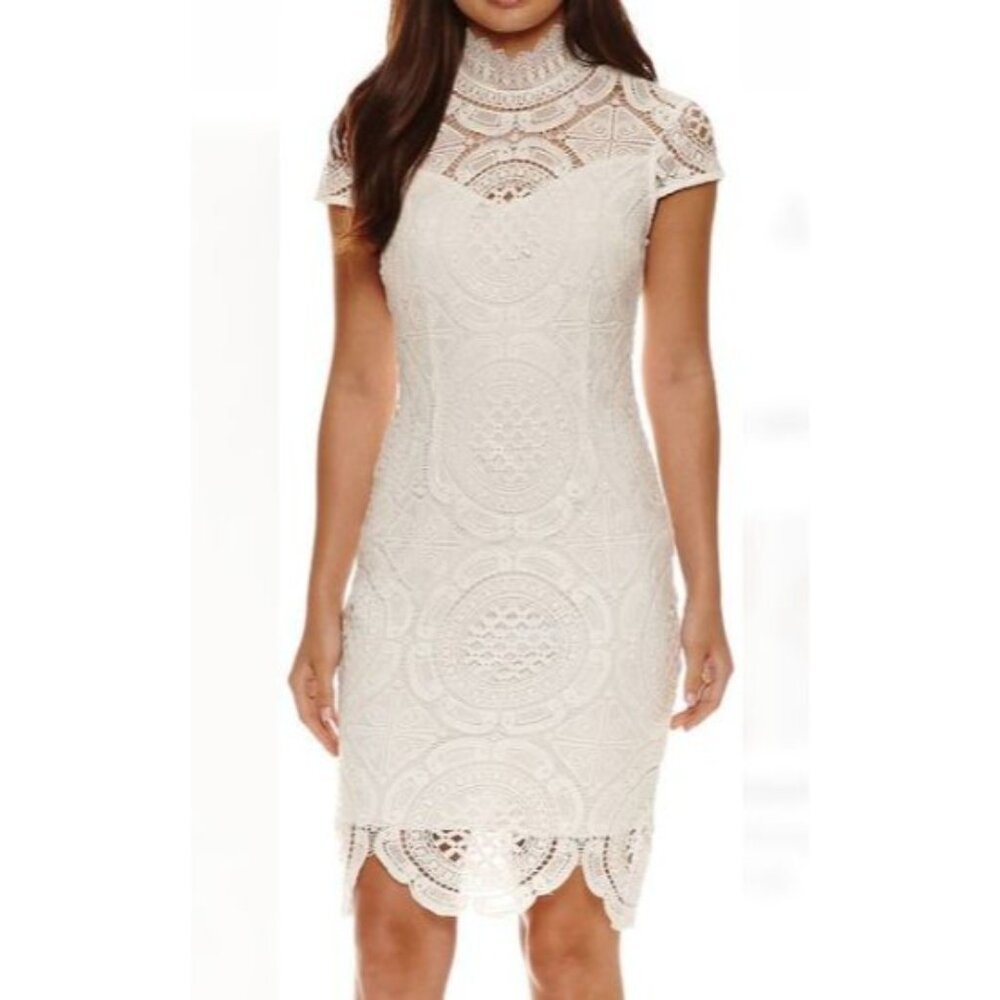 Bisou Bisou Michele Bohbot White Lace Dress High Neck Short Sleeve Size 2